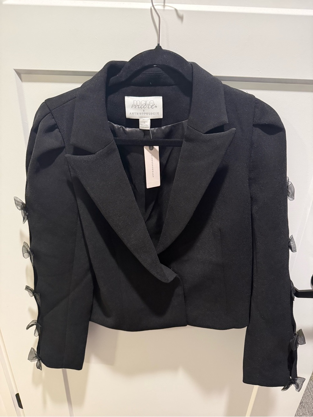Mare Mare x Anthropologie Cropped Black Blazer Organza Bow Sleeve Jacket NWT S